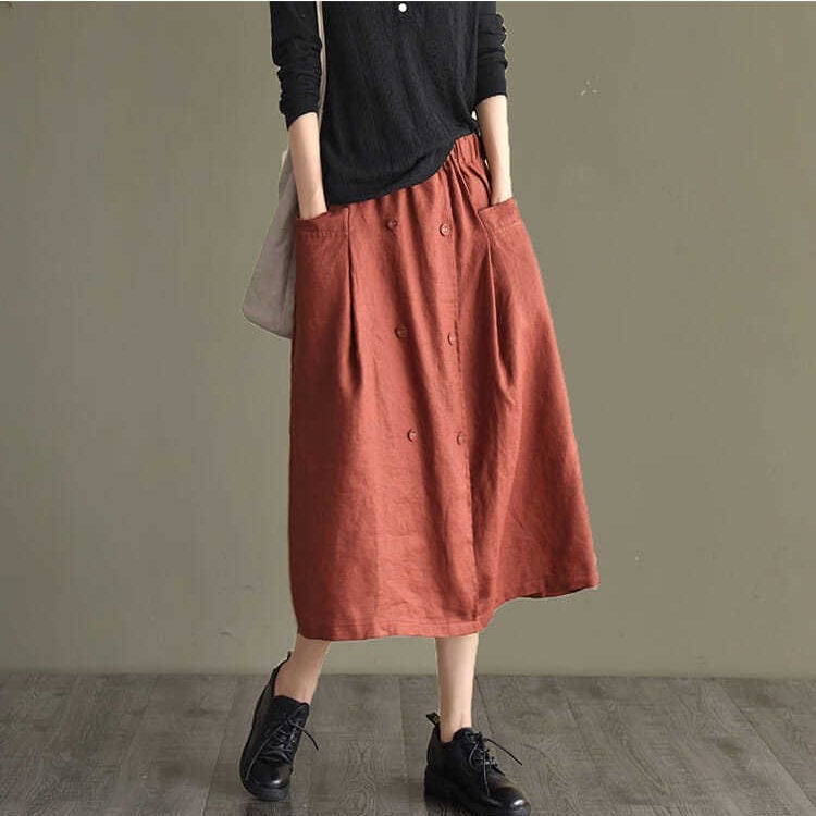 Chân Váy Chữ a Vải Cotton Lanh Dáng Rộng Màu Trơn Phối Hai Hàng Nút Thời Trang Cho Nữ