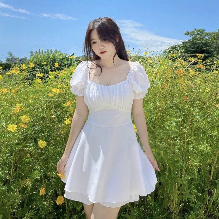 Đầm váy trễ vai cổ nhúng thắt nơ lưng 3 màu trắng, đe, xanh