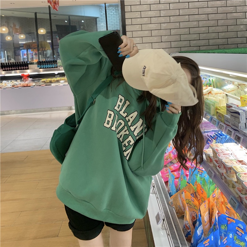 Áo hoodie tay dài dáng rộng in chữ cá tính dễ phối đồ thời trang