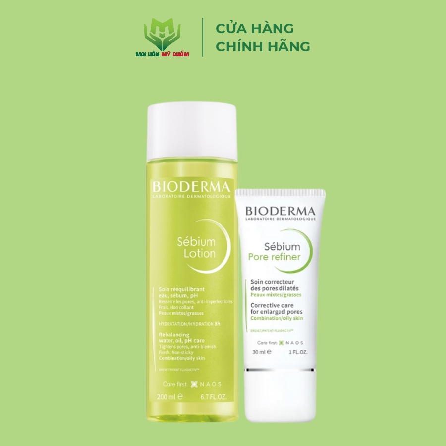 Bộ đôi nước cân bằng cho da hỗn hợp, da dầu Bioderma Sebium Lotion 200ml và Kem dưỡng se nhỏ lỗ chân lông 30ml