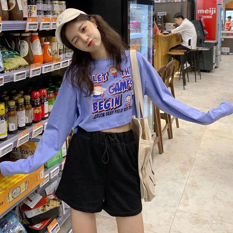 Áo Thun Croptop Tay Dài Kiểu Hàn Quốc 2 Màu Lựa Chọn Cho Nữ