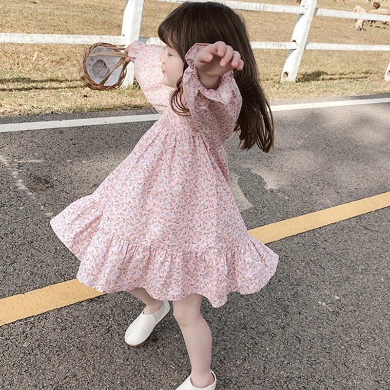 Đầm công chúa dài tay in hoa phong cách Hàn Quốc dễ thương cho bé gái