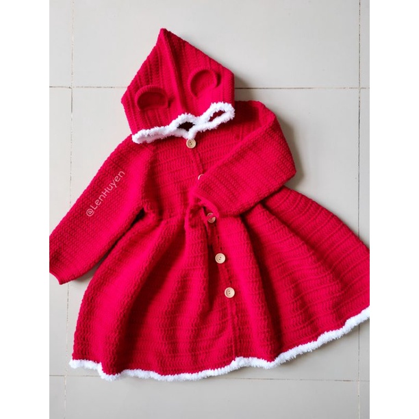 Áo khoác đầm len handmade măng tô liền nón dáng dài tới gối màu đỏ viền lông giáng sinh noel