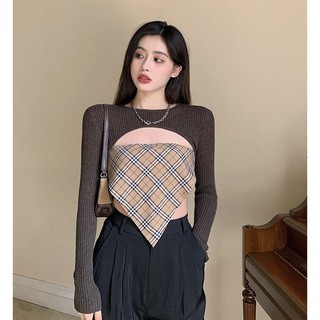 Set áo quây kẻ burberry giả khăn kèm áo len choàng