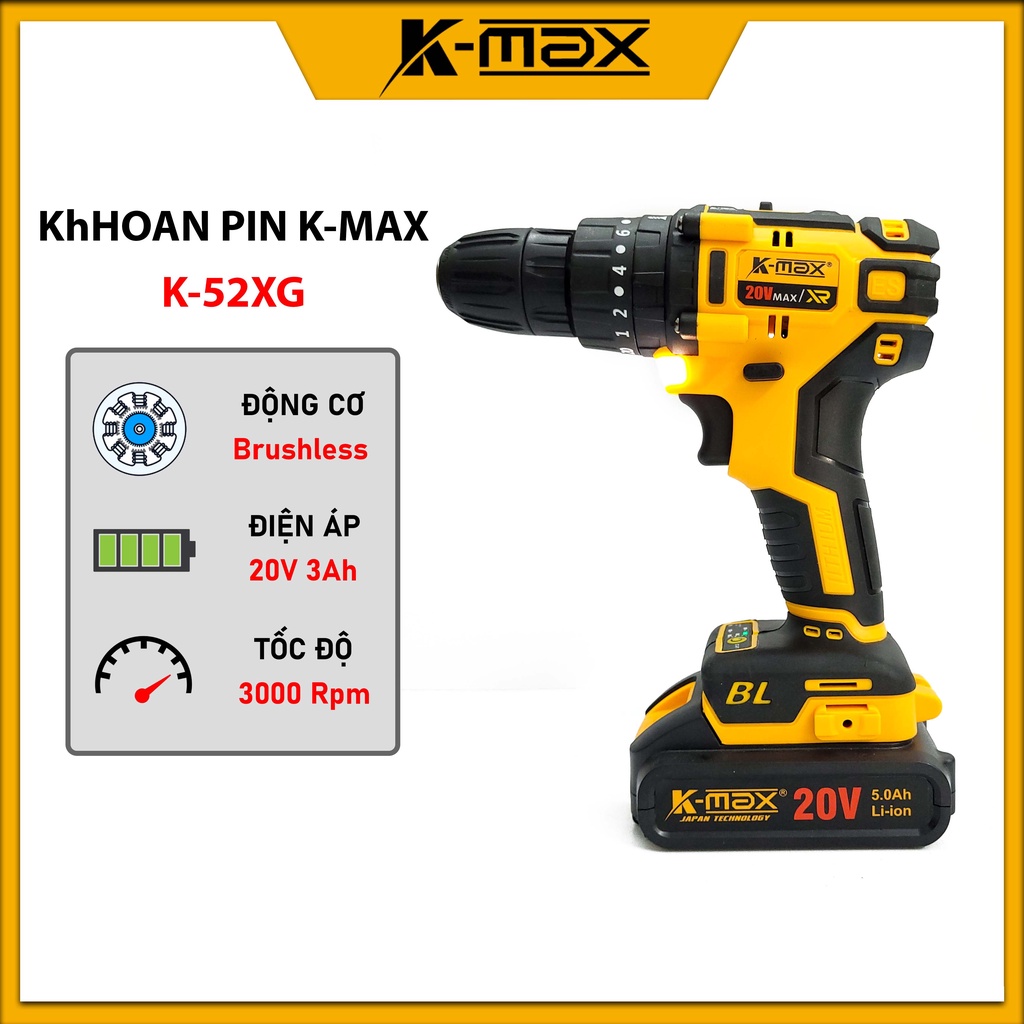 Máy khoan pin K-Max 20v K-52XG, không chổi than, pin 5 cell, đầu cặp 10mm, hàng chính hãng bảo hành 6 tháng