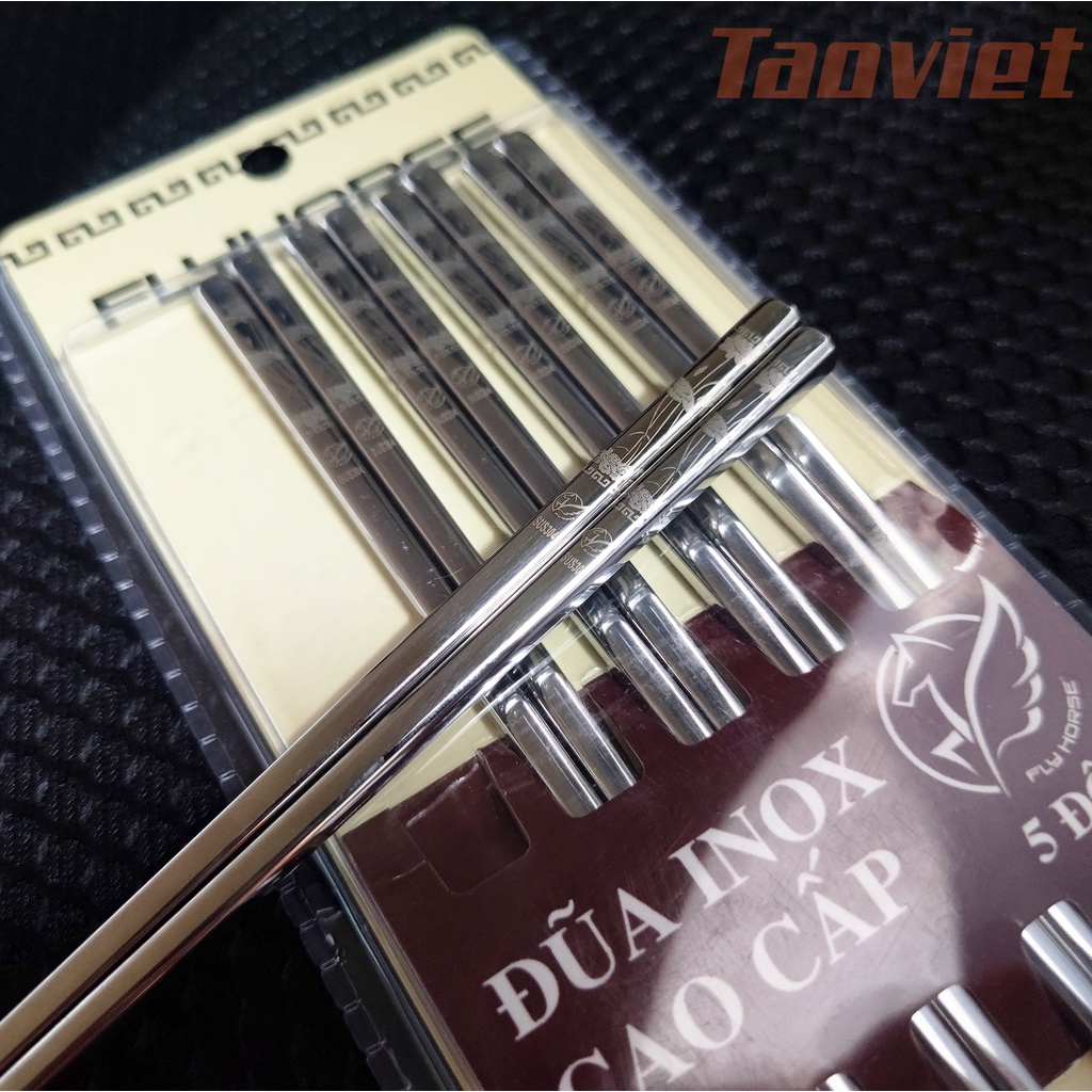 VỈ 5 Đôi Đũa Ăn Inox 304 Cao Cấp Chống Trơn Trượt In Họa Tiết Bông Sen