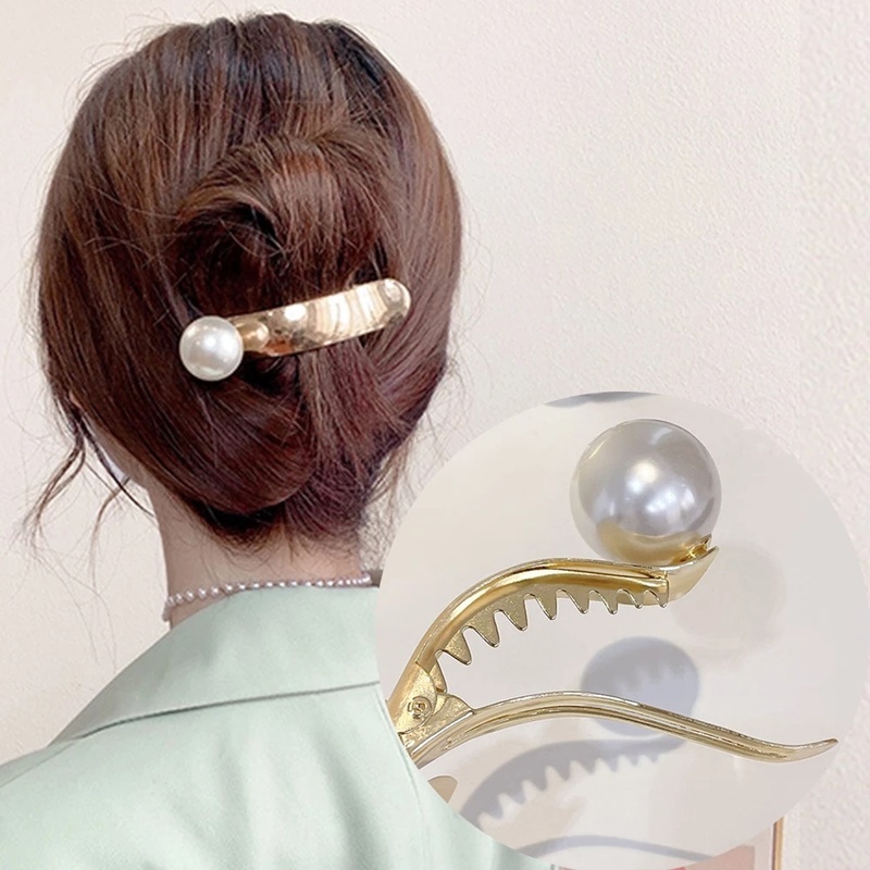 Kẹp Tóc Cá Mập Bằng Kim Loại Đính Ngọc Trai Giả Thanh Lịch Sáng Tạo Dành Cho Nữ