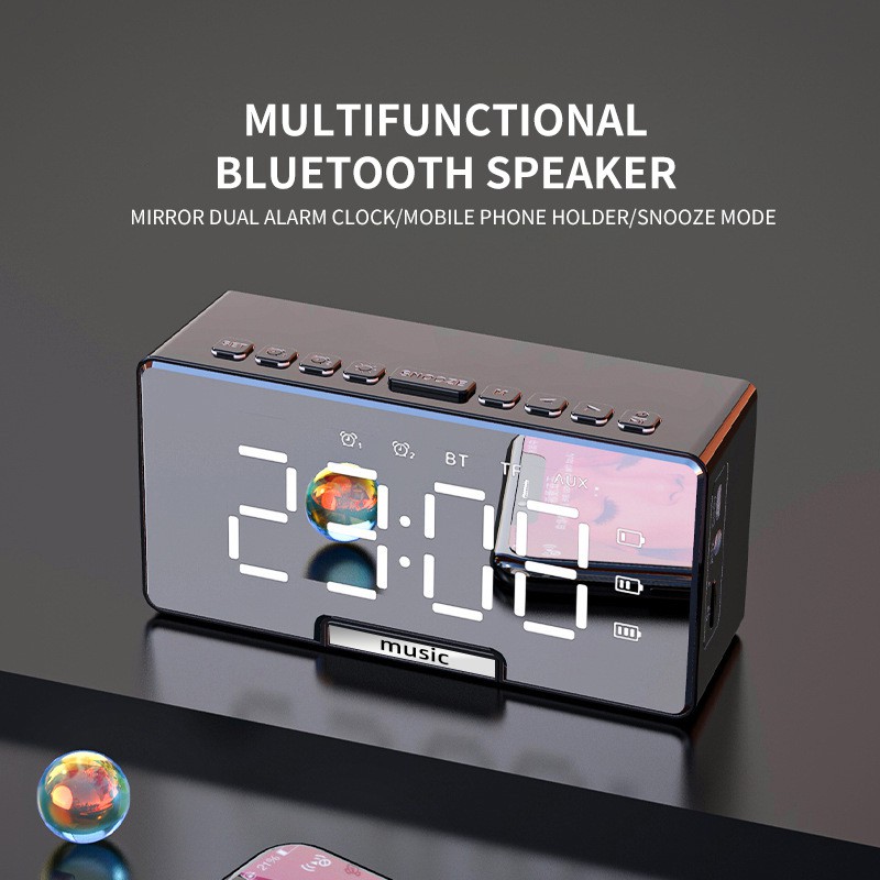 Loa bluetooth đa năng kiêm đồng hồ 3 trong 1 nhỏ gọn mạnh mẽ mặt gương cực đẹp có khe cắm thẻ nhớ đài FM