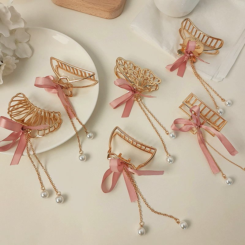 Kẹp tóc càng cua hình bướm bằng kim loại phối nơ hồng xinh xắn cho nữ