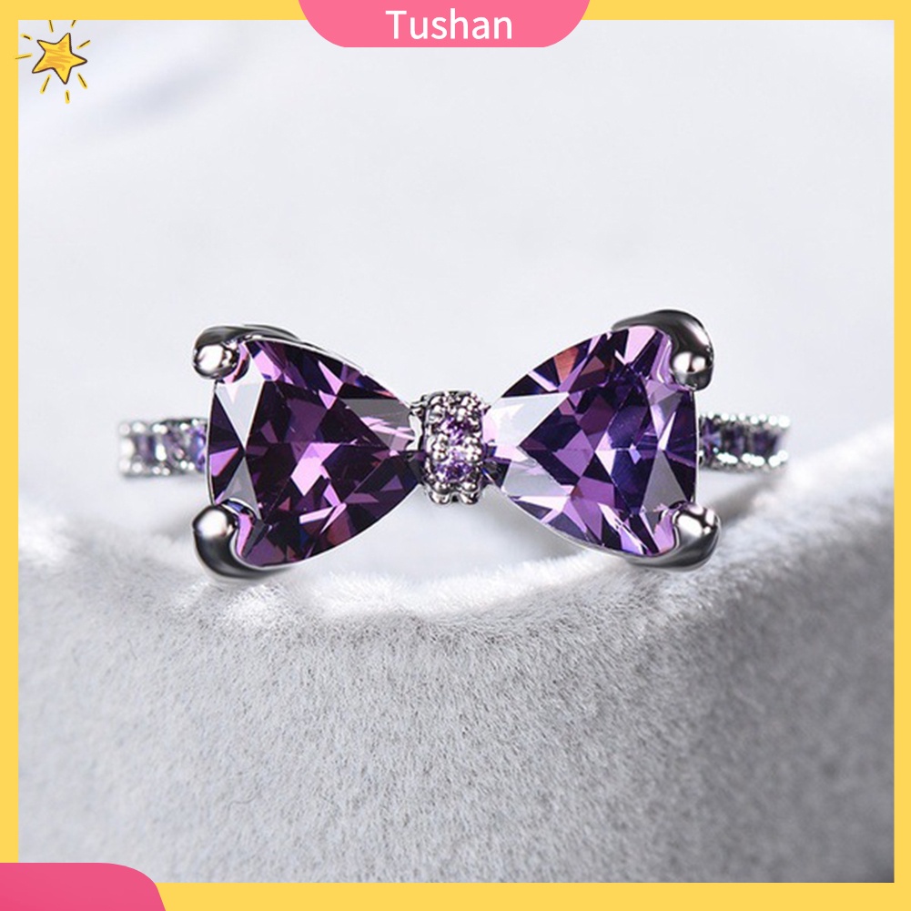 Nhẫn đính hôn hình nơ khảm thạch anh tím thời trang