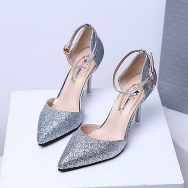 Giày cao gót mũi nhọn kim tuyến lấp lánh cao 7cm có size lớn 40 41 42 43