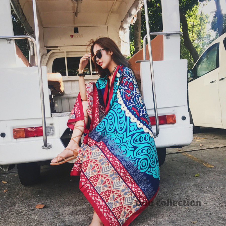 [Nowship2h] Khăn Choàng Cổ Boho Họa Tiết Thổ Cẩm Du Lich Biên Vintage - Chất Liệu Cotton - Size:90x180cm - Mã KC007