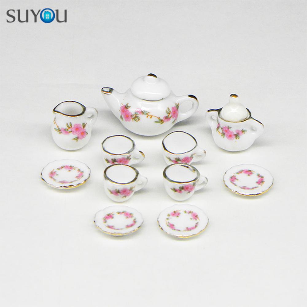 SUYOU 11pcs Toys Dollhouse Accessories Chic Style Dining Ware Porcelain Tea Cup Set with|Trim Kitchen Kit Floral Pattern Home Decoration 1/6 1/12 Miniature