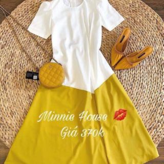 Đầm xòe form dài phối màu nhúng eo