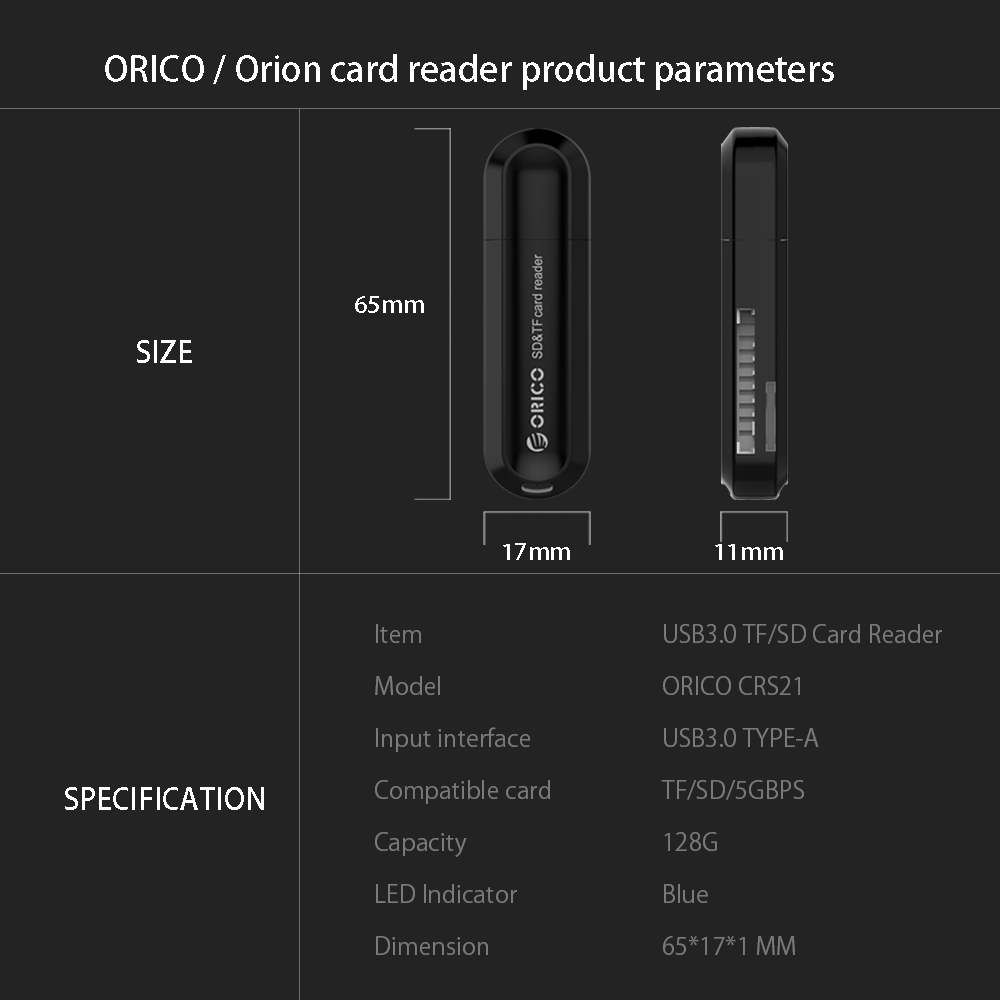 Đầu Đọc Thẻ Nhớ ORICO CRS21 USB 3.0 Nhỏ Gọn Tiện Dụng Cho Macbook Max 128gb
