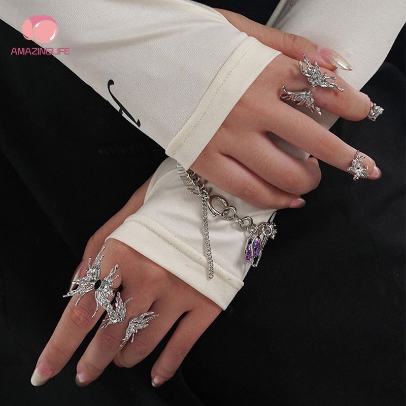 [Amazinglife] Nhẫn Dạng Lỏng Hình Bướm Bằng Kim Loại Mạ Bạc Phong Cách Punk Cá Tính Làm Quà Tặng Đám Cưới Cho Cặp Đôi Nam Nữ