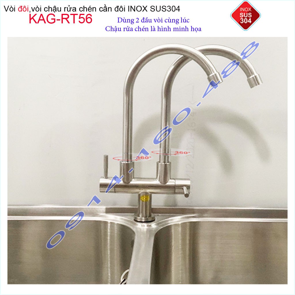 Vòi rửa chén đôi Inox SUS304 KAG-RT56, vòi chậu 2 hộc, vòi rửa chén bát lạnh 2 đầu vòi xả nước mạnh sử dụng tốt