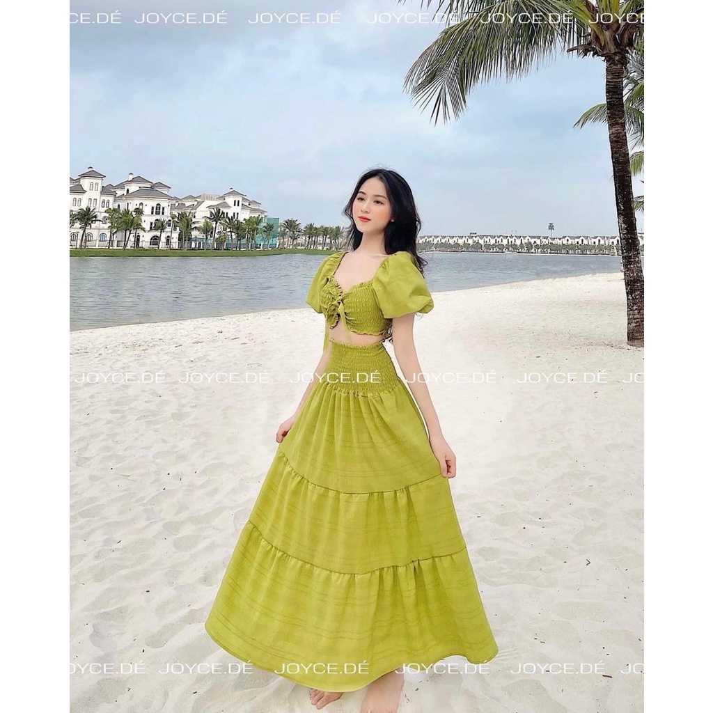 Đầm váy maxi xanh bơ xanh cốm đi biển đũi áo nhún xoè tay phồng set áo croptop tay bồng chân váy dài đi chơi đi biển