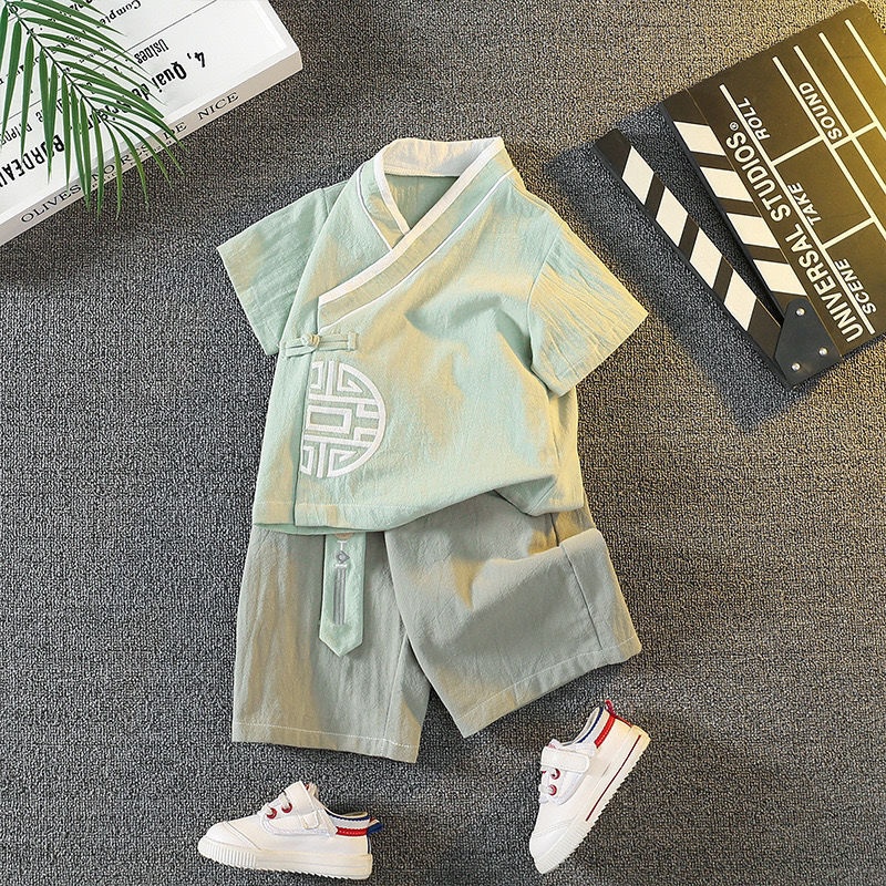 Bộ Đồ Hán Phục Vải Cotton Lanh Mỏng Thời Trang Mùa Hè Cho Bé Trai