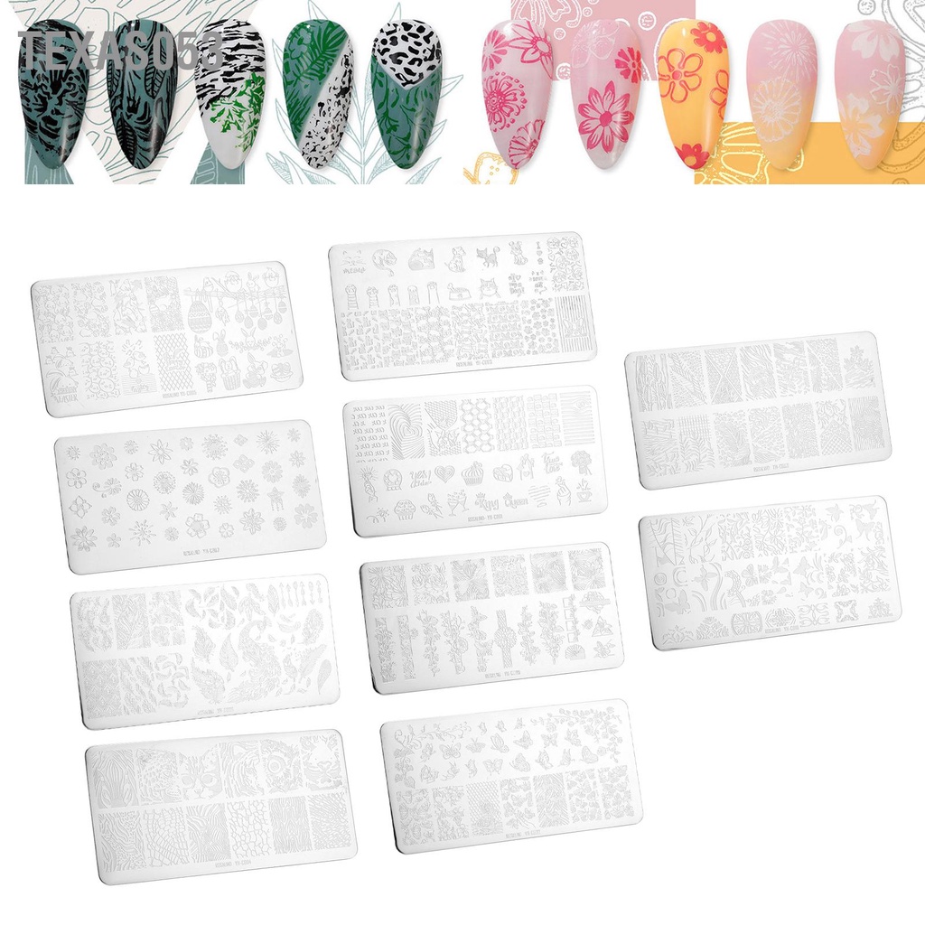 [Hàng Sẵn] Bộ 10 Tấm Khuôn In Họa Tiết Hoa Lá Bằng Thép Không Gỉ Trang Trí Móng Tay DIY Khuôn in nail【Texas053】