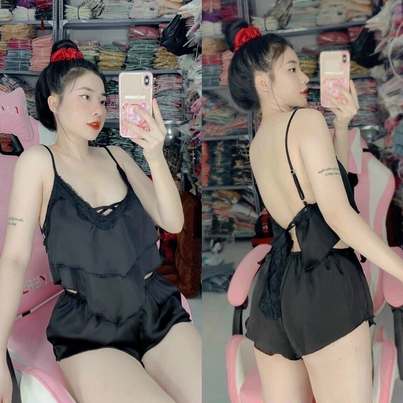 Set bộ ngủ sexy hai dây lụa satin hai tầng cao cấp