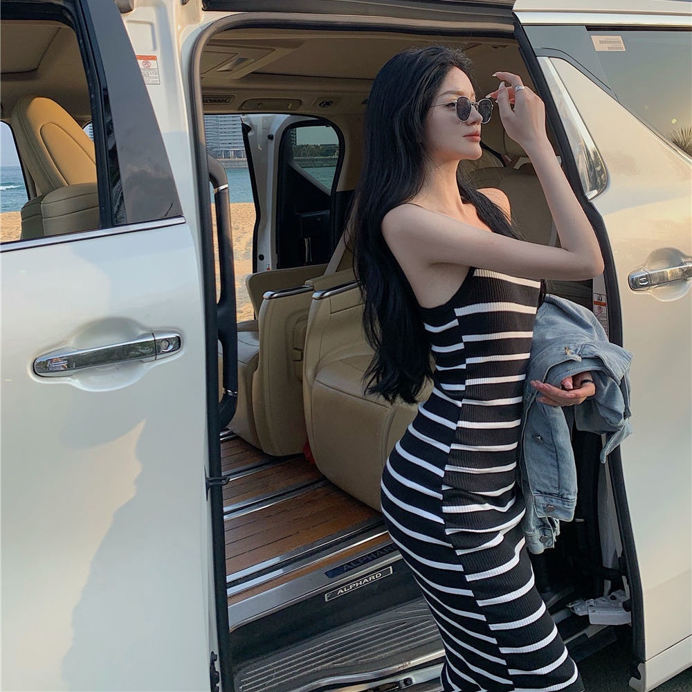 Đầm Lửng Hai Dây Họa Tiết Kẻ Sọc Thời Trang Mùa Hè 2022 z Dành Cho Bạn Nữ