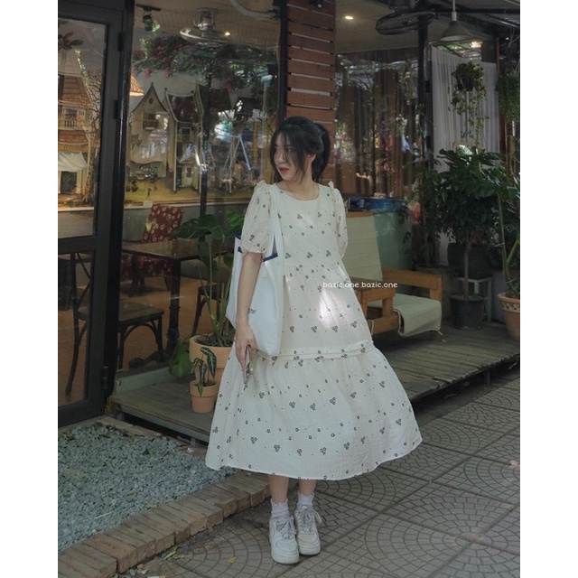 Váy babydoll hoa dáng dài, váy hoa dài qua gối basic ulzzang Bazic one | BigBuy360 - bigbuy360.vn