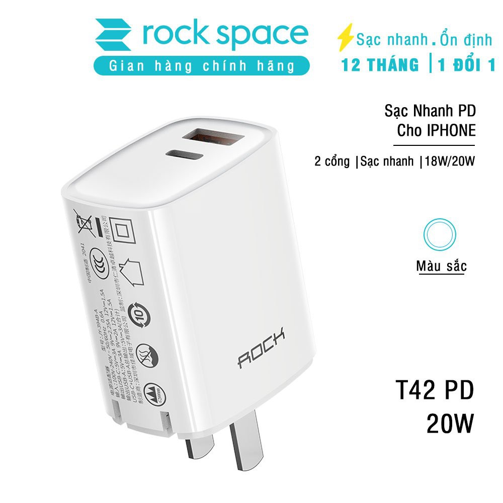 Củ sạc nhanh iPhone Rockspace T42, 2 cổng USB-TypeC sạc nhanh 18w, 20W, ổn định, không nóng máy, nhỏ gọn, hàngchính hãng