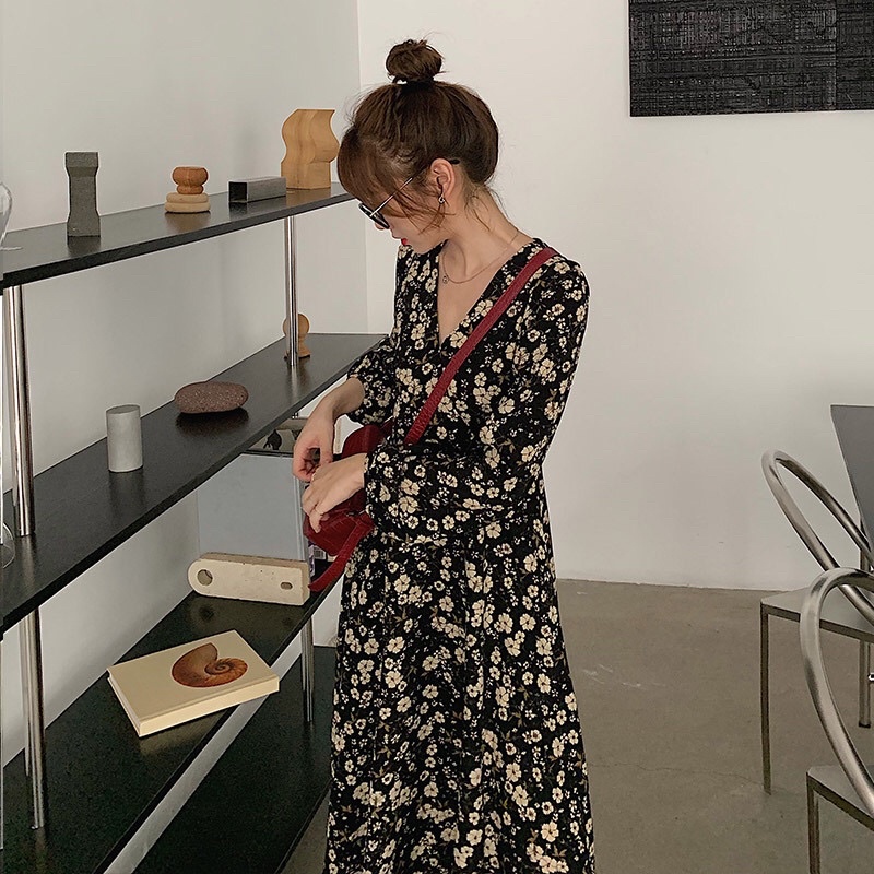 Váy hoa nhí vintage dáng dài phong cách Hàn Quốc