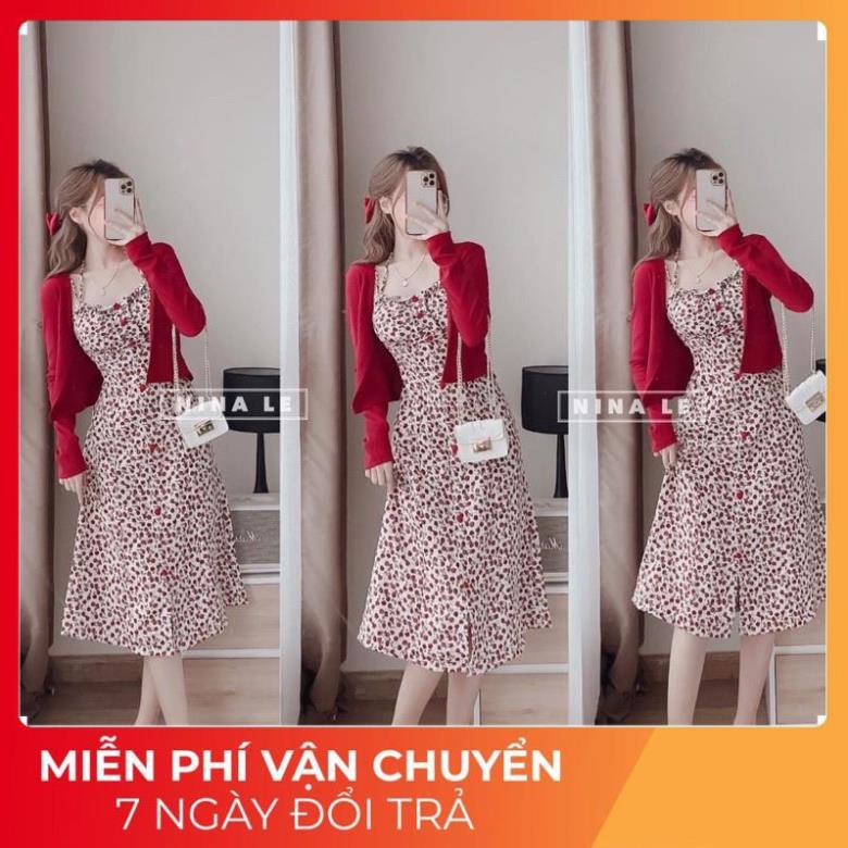 [ 𝐅𝐑𝐄𝐄 𝐒𝐇𝐈𝐏 ] SET VÁY HOA 2S MIX CARDIGAN ĐỎ SIÊU XINH