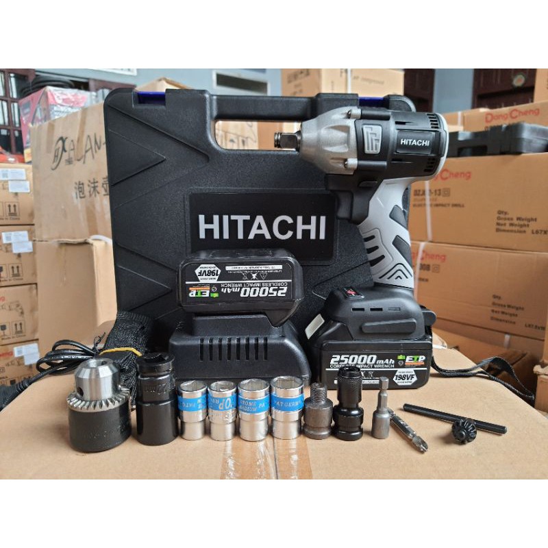 Máy Siết Bulong Hitachi 198V Không Chổi Than-Pin 10 Cell-Tặng Bộ Phụ Kiện-Đầu 2 Trong 1