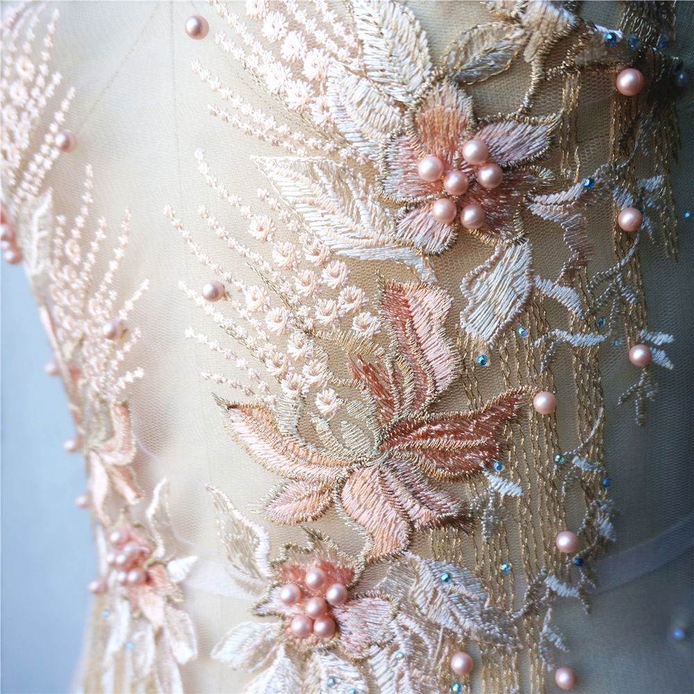 Mai Màu Hồng Thêu Ren Đính May Hạt Vải Hoa Cổ Miếng Dán Váy Cưới DIY