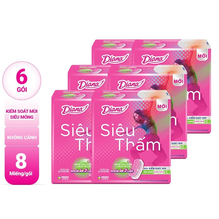 Lốc 6 gói Băng Vệ Sinh Diana Siêu Thấm Siêu Mỏng Cánh (Gói 8 Miếng)