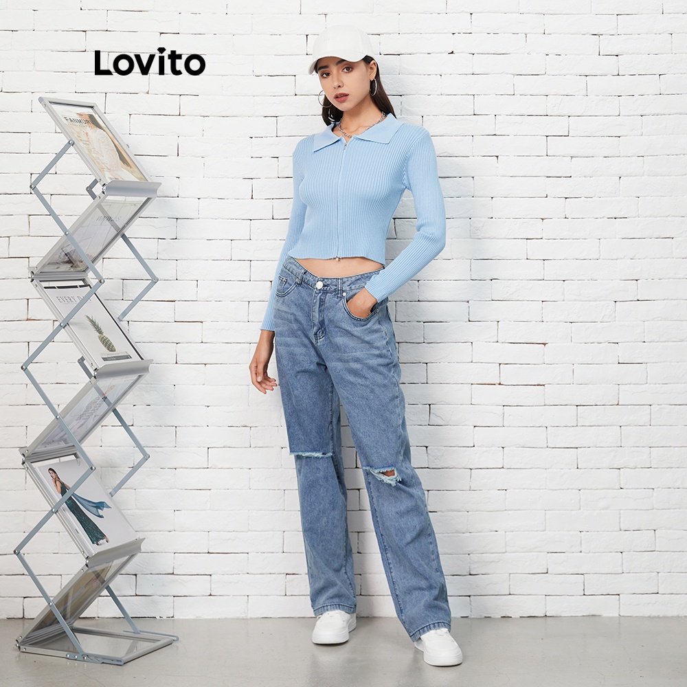 Lovito Áo cardigan dương trơn đơn giản dây khóa kéo phong cách thường ngày L07093
