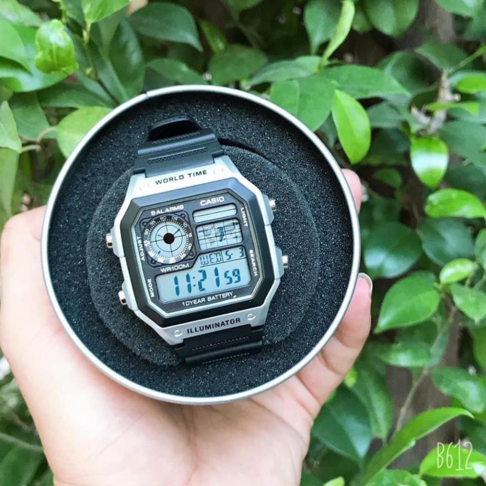 Đồng hồ nam Casio AE 1200-WHD classic chống nước , dây cao su trẻ trung năng động đa múi giờ chống nước , chống xước