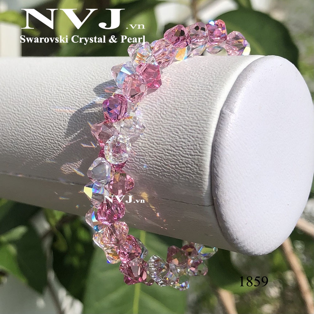 Vòng tay pha lê Swarovski 3 màu hồng rose 209, light rose 223 & crystal 001AB hạt nón xỏ đầu pendant 6328, khóa bạc tròn