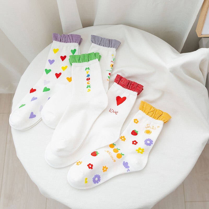 Sweet Cute Love Heart Print Ruffles Girls Short Socks Fashion Floral Lolita Princess Cotton Socks Women White Socks