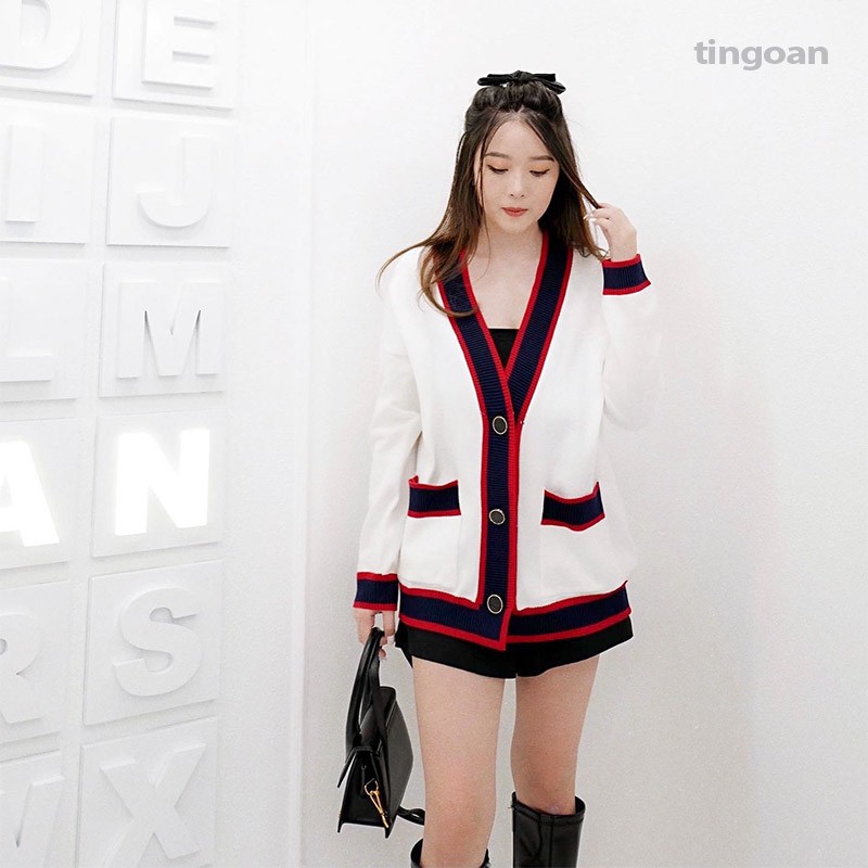 Áo khoác cardigan kẻ đỏ tingoan EMILY CARDIGAN/WH | BigBuy360 - bigbuy360.vn