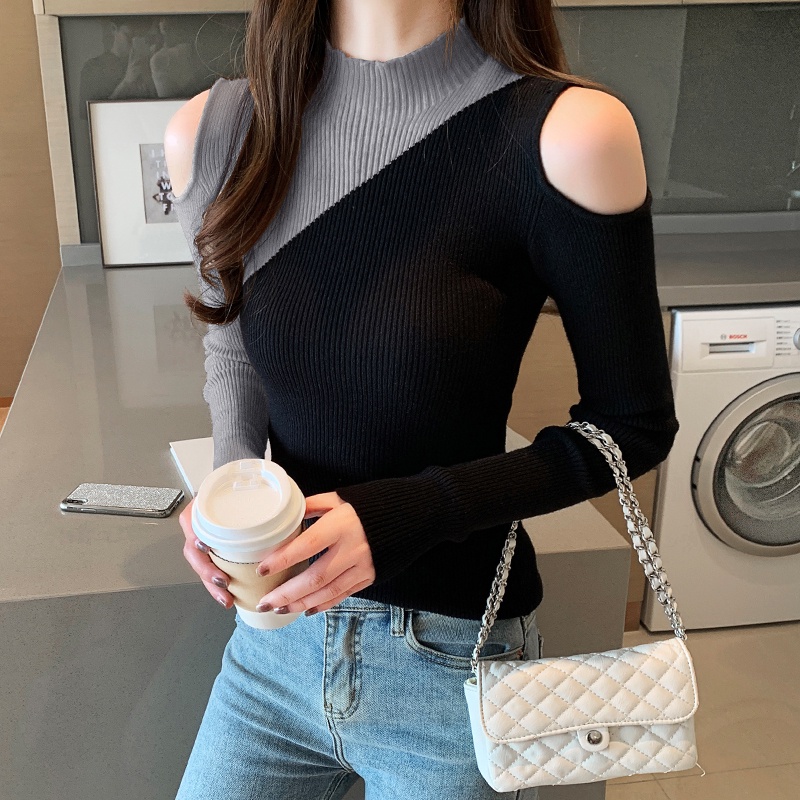 【ZHELIHANGFEI】Áo Sweater Dệt Kim Tay Dài Cổ Lọ Thiết Kế Trễ Vai Quyến Rũ