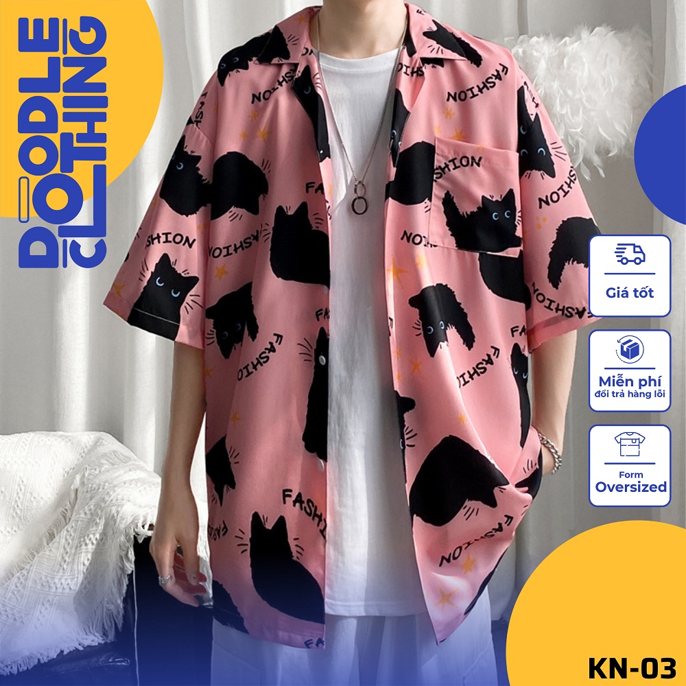 Áo sơ mi nam nữ unisex tay lỡ form rộng hình mèo đen