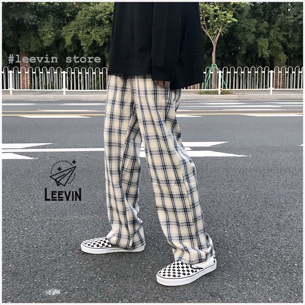 Quần Kẻ Caro Ống Rộng Nam Nữ Unisex Phong Cách Đường Phố - Kiểu quần ống rộng nam caro Plaid Streetwear Leevin Store