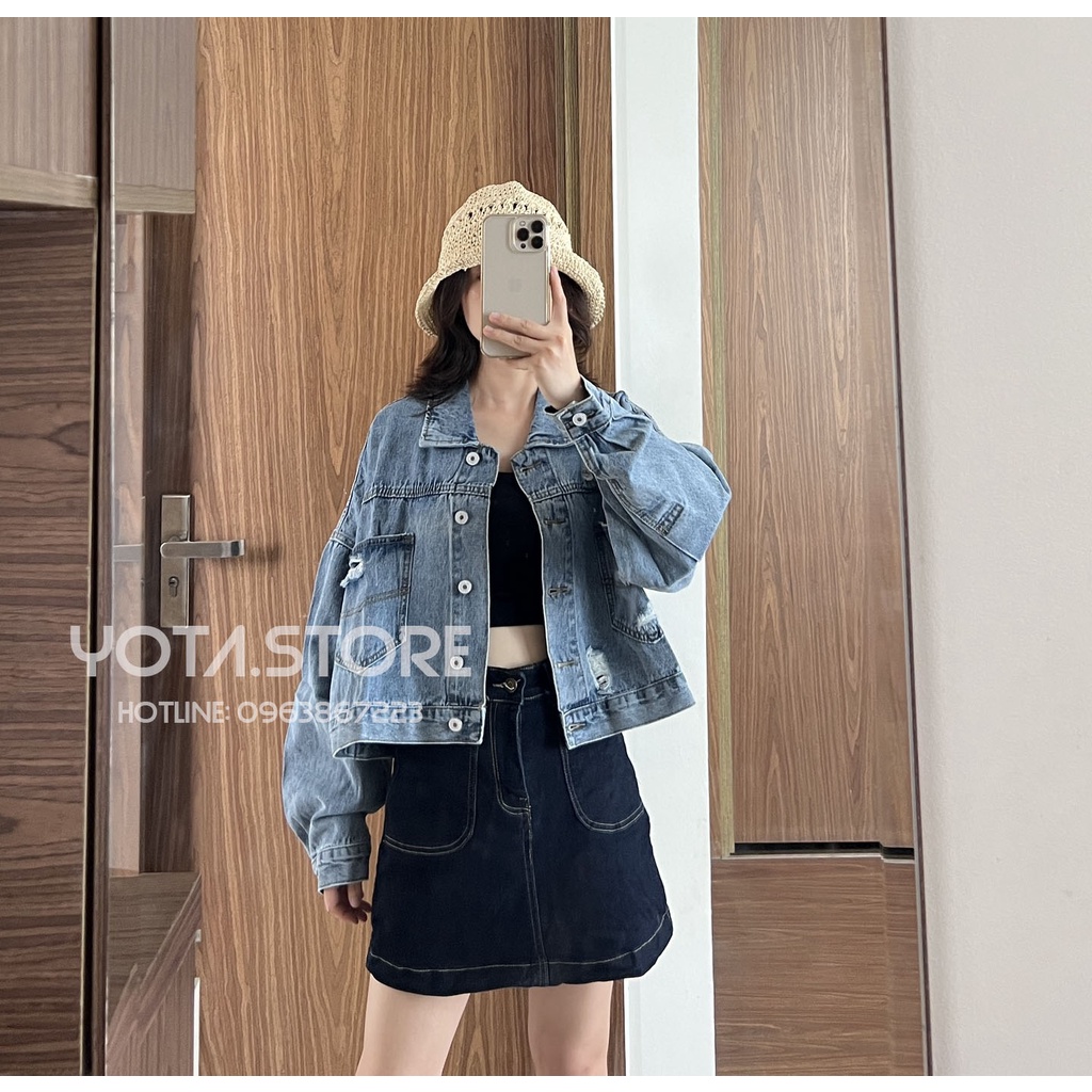 Áo khoác jeans croptop rách - KJ116