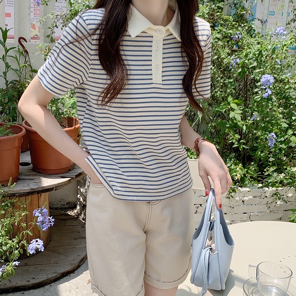 Áo polo SUXI ngắn tay họa tiết sọc ngang phong cách Hàn Quốc dành cho nữ
