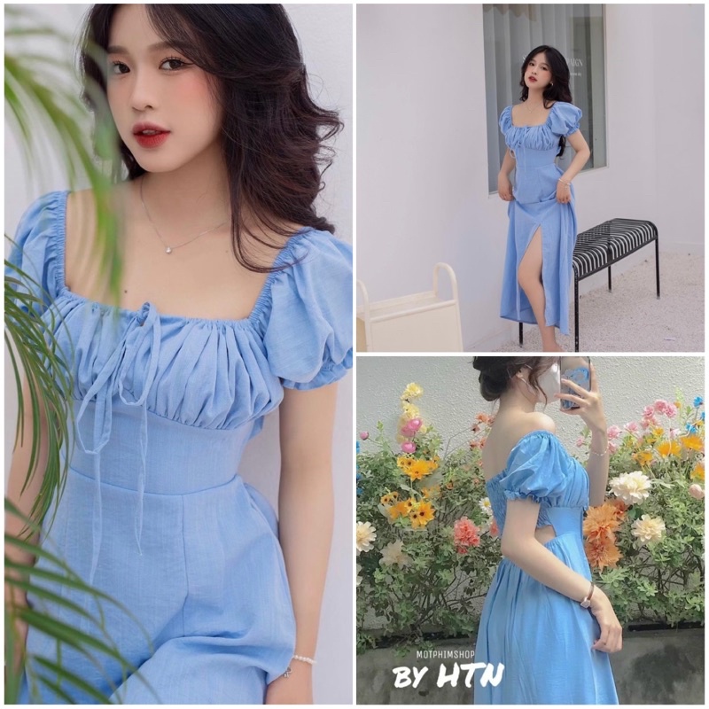 [4 MÀU ] ĐẦM MAXI XANH BƠ NHÚN NGỰC TAY BỒNG XẺ TÀ KTGIMI ( kèm ảnh thật)