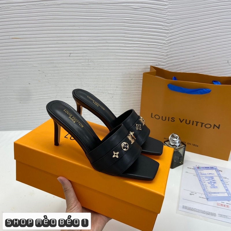 Guốc lv quai ngang hoạ tiết gót nhọn fullbox