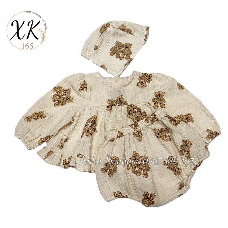 Bộ Quần Áo Dài Tay Kèm Mũ Bé Gái 0-2 Tuổi Hình Gấu Vải Đũi Galakoko Chính Hãng Style Hàn Quốc Cực Đẹp