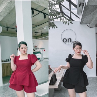 Set cổ vuông đỏ - đen tay bồng