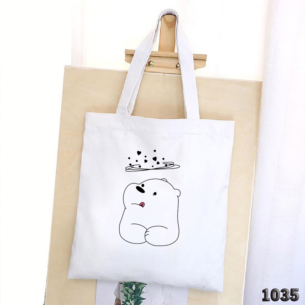 Túi Tote Vải Canvas Trắng Kích Cỡ Lớn Đựng Vừa A4 1035 Họa Tiết Chú Gấu Tim Xoay Vòng Đeo Vai ĐI Học Đi Du Lịch Cực Xinh