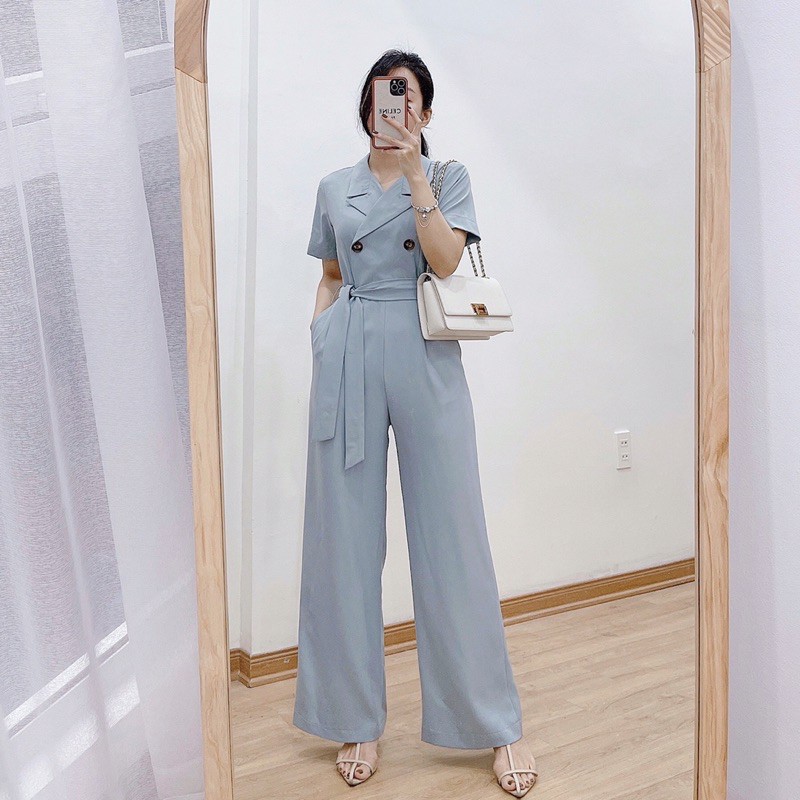 ( Ảnh thật ) J0301 Jumsuit cổ chéo ống xuông kèm đai