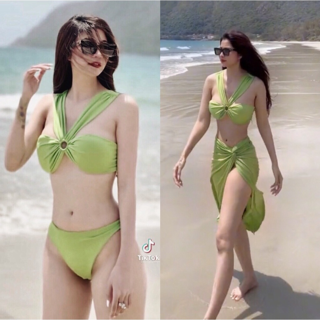 Set 3 bikini Hồ Ngọc Hà xanh cốm hottrend kèm áo váy choàng khoác ngoài SET08